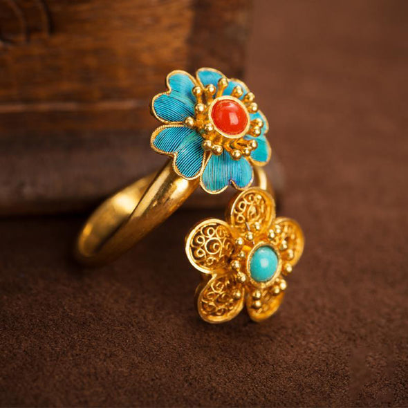 Vintage Style Sterling Silver Double Flower Turquoise Ring