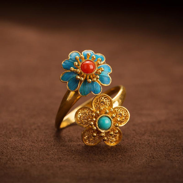 Vintage Style Sterling Silver Double Flower Turquoise Ring