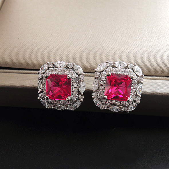 Red Gem Double Halo 925 Sterling Silver Stud Earrings