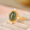 Vintage Sterling Silver Oval Jade Pearl Ring