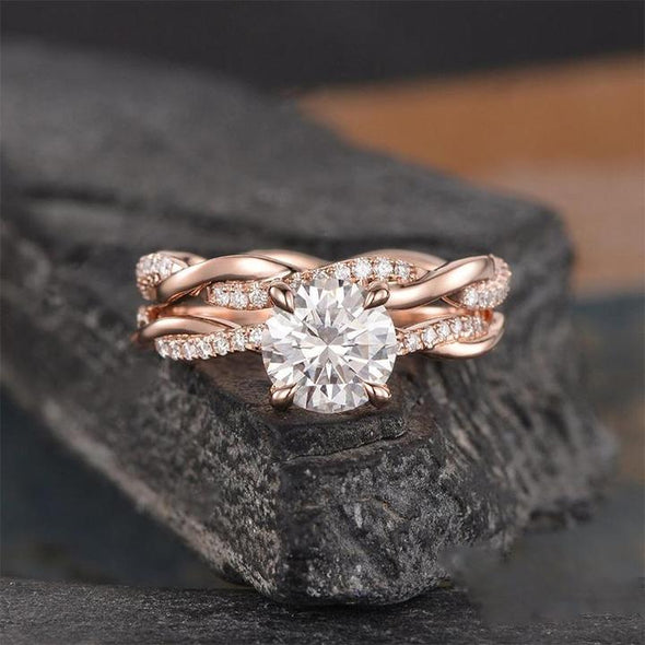 Rose Golden Twist Round Cut Wedding Set in Sterling Silver