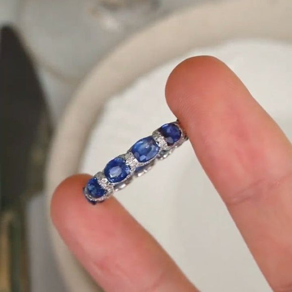 Oval Cut Cornflower Sapphire Gem Eternity Wedding Band