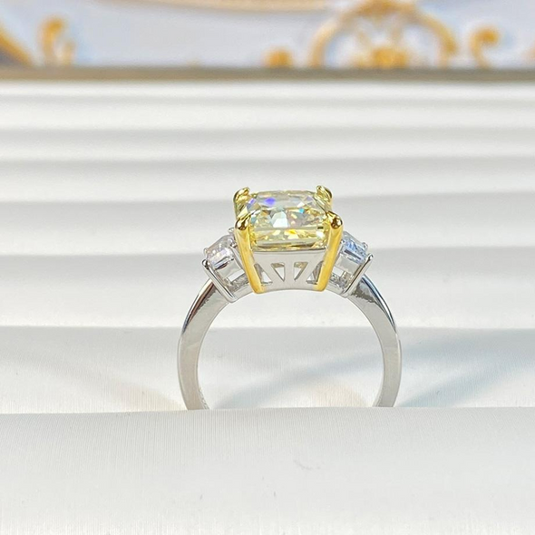 Radiant Cut Two Tone Three Stone Sterling Silver Engagement Ring