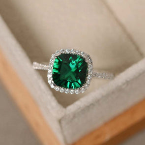 Halo Cushion Cut Emerald Green Sterling Silver Engagement Ring