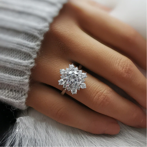 Unique Snowflake Design Round Cut Sterling Silver Engagement Ring