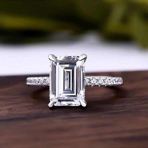 Classic Emerald Cut Engagement Ring In Sterling Silver