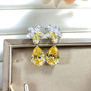 Unique Two Tone Pear Cut Gem Flower Design Sterling Silver Drop Earrings