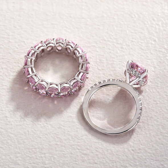 Sweet Pink Gemstone Oval Cut Sterling Silver Bridal Set