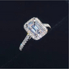 Halo Emerald Cut Sterling Silver Bridal Set with Side Stone Band