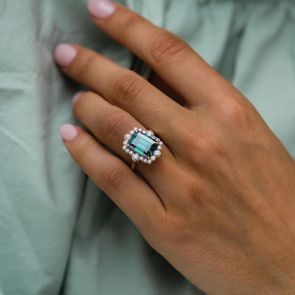 Vintage Emerald Green Halo Sterling Silver Engagement Ring