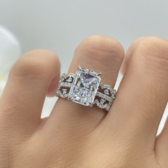 3-Pieces 3.25 CT Radiant Cut Solitaire Wedding Ring Half Crown Bridal Set in Sterling Silver