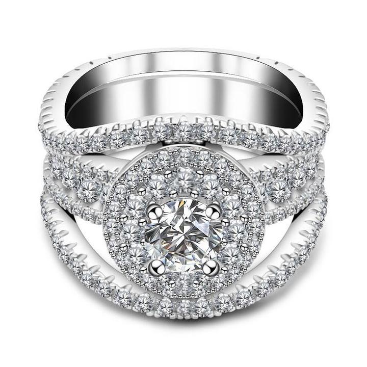 Round Cut  Halo Engagement Ring in Sterling Silver with Guard Enhancer