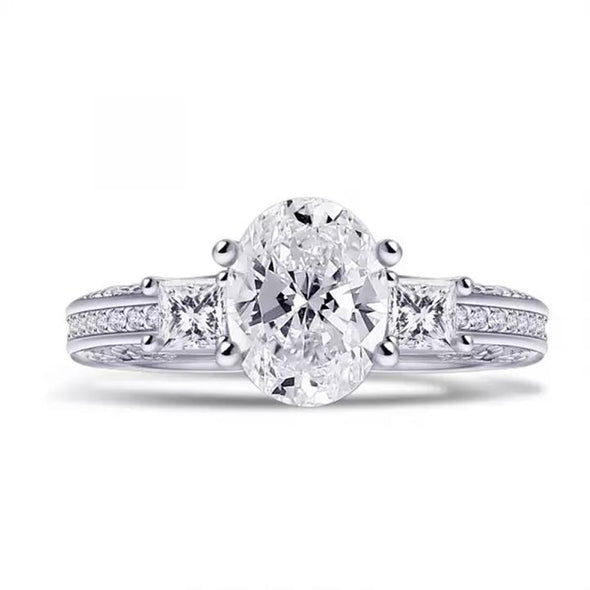 Oval Cut Engagement Ring with Two Princess Sidestones