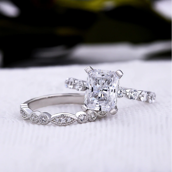 Radiant Cut Sterling Silver Wedding Bridal Set For Her