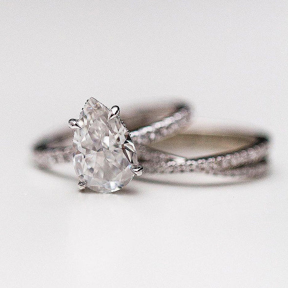 Dainty Pear Cut Interweave Band Sterling Silver Wedding Bridal Set