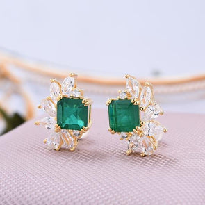 Flower Design Princess Cut Emerald Green Sterling Silver Stud Earrings