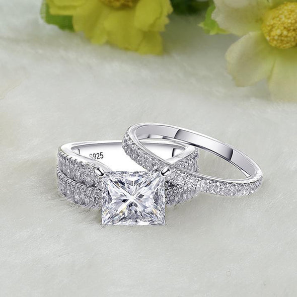 2PCS Princess Cut Sterling Silver Bridal Set in Sterling Silver