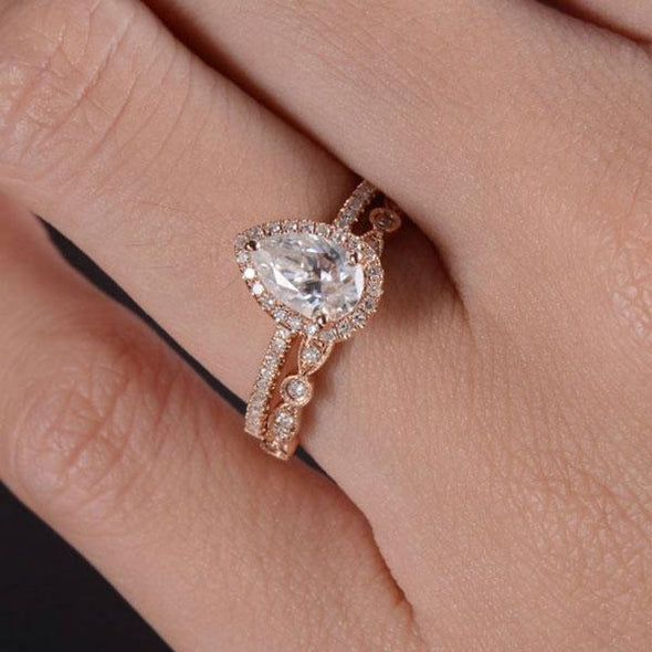 2.2 Carat Rose Golden Tone Halo Pear Cut Sterling Silver Bridal Set