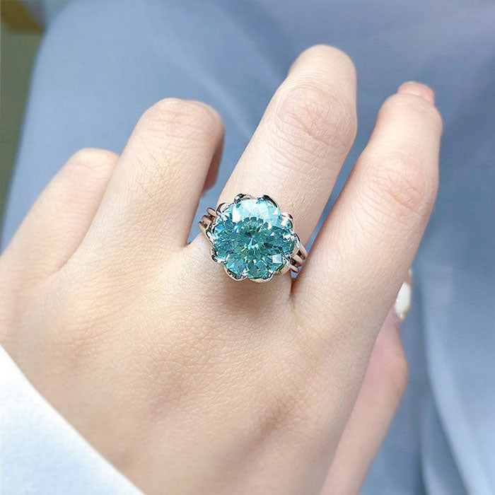 Unique Design Round Cut Green Moissanite Sterling Silver Engagement Ring
