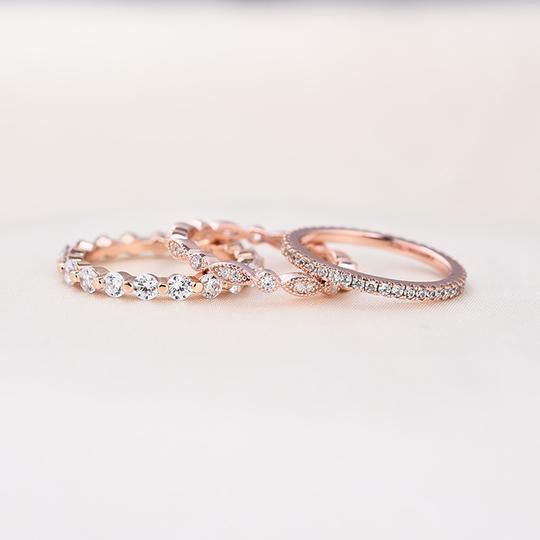 Art Deco Rose Golden Tone 3-Pieces Stackable Wedding Band Set