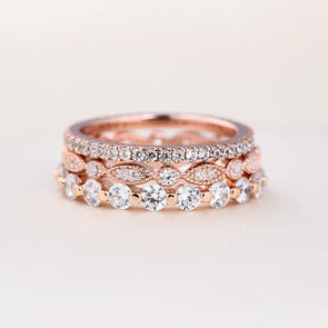 Art Deco Rose Golden Tone 3-Pieces Stackable Wedding Band Set