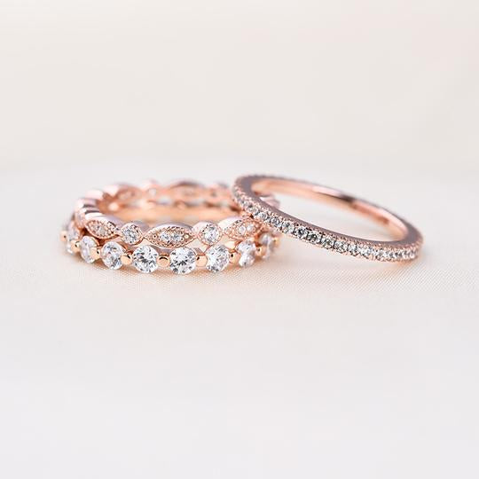 Art Deco Rose Golden Tone 3-Pieces Stackable Wedding Band Set