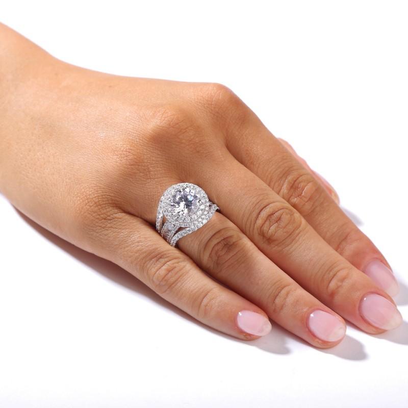 Round Cut  Halo Engagement Ring in Sterling Silver with Guard Enhancer