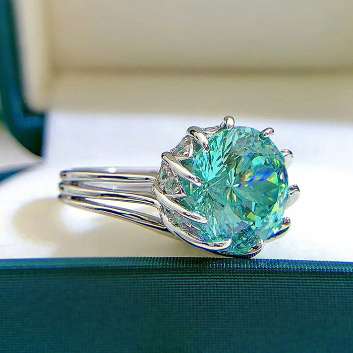 Unique Design Round Cut Green Moissanite Sterling Silver Engagement Ring