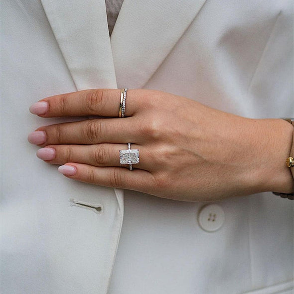 Radiant Cut Sterling Silver Engagement Ring With Half Eternity Band