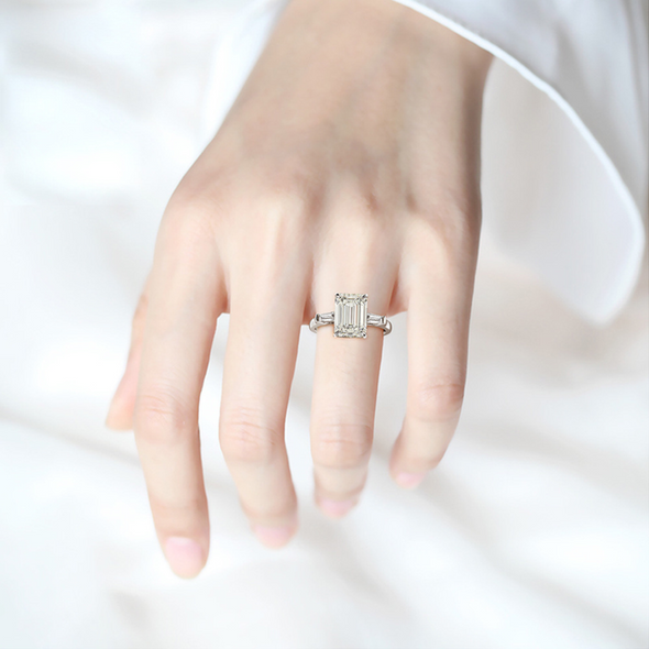 Classic Three Stone Emerald Cut Engagement Ring