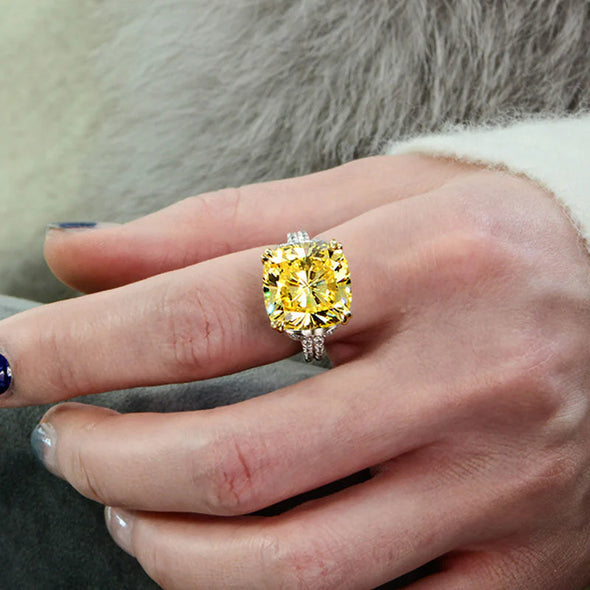 Retro Cushion Cut Yellow Engagement Ring In Sterling Silver