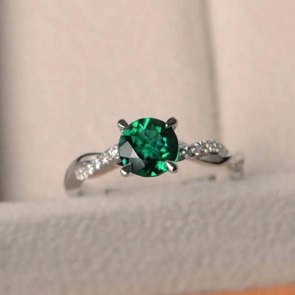 Emerald Green Sterling Silver Engagement Ring With Twist Band