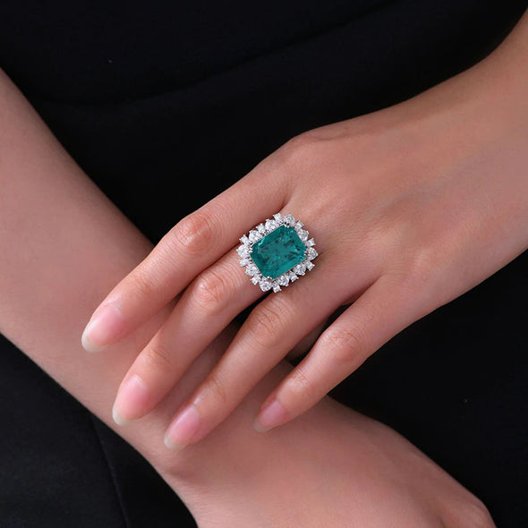 Vintage Emerald Green Halo Sterling Silver Engagement Ring With Spilt Shank