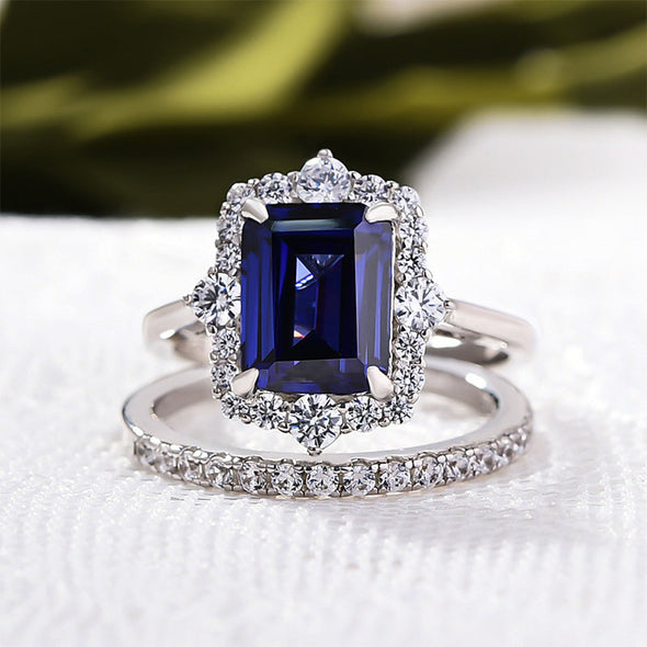 2pcs Halo Blue Emerald Cut Bridal Set Rings In Sterling Silver