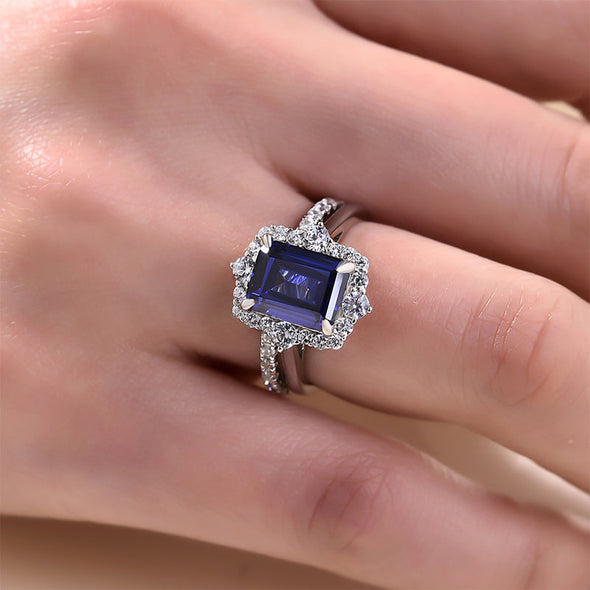 2pcs Halo Blue Emerald Cut Bridal Set Rings In Sterling Silver