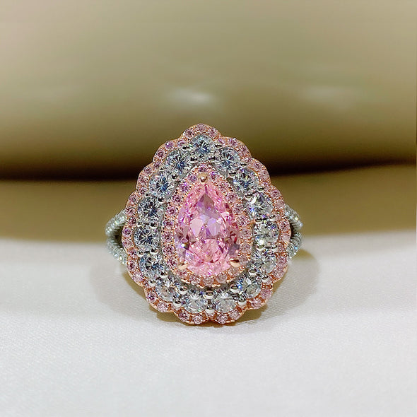 Vintage 3CT Pink Halo Split Pear Cut Engagement Ring