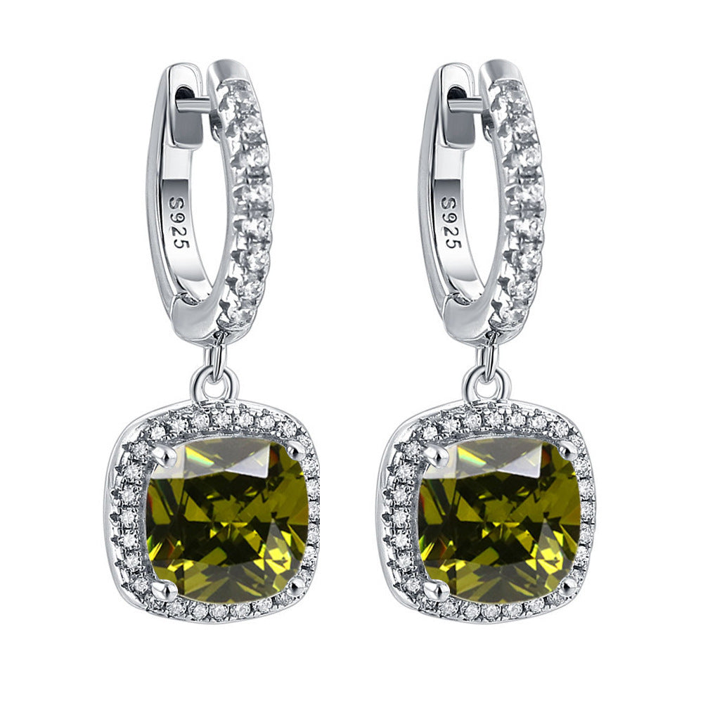 Birthstone Cushion Cut Halo Sterling Silver Drop Earrings