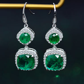 Vintage Emerald Green Cushion Cut Halo Drop Earrings