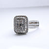 Double Halo Three Shank Emerald Cut Sterling Silver Engagement Ring