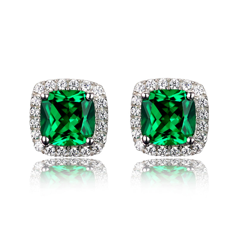 Retro Emeralds Cut Halo Stud Earrings in 18K Platinum Plated Sterling Silver