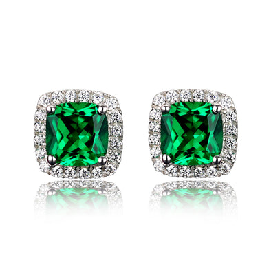 Retro Emeralds Cut Halo Stud Earrings in 18K Platinum Plated Sterling Silver