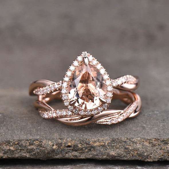 Rose Gold Vintage Pear Cut Twist Bridal Ring in Sterling Silver