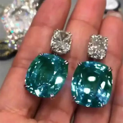 Unique Design Cushion Cut Sapphire & Aquamarine Drop Earrings