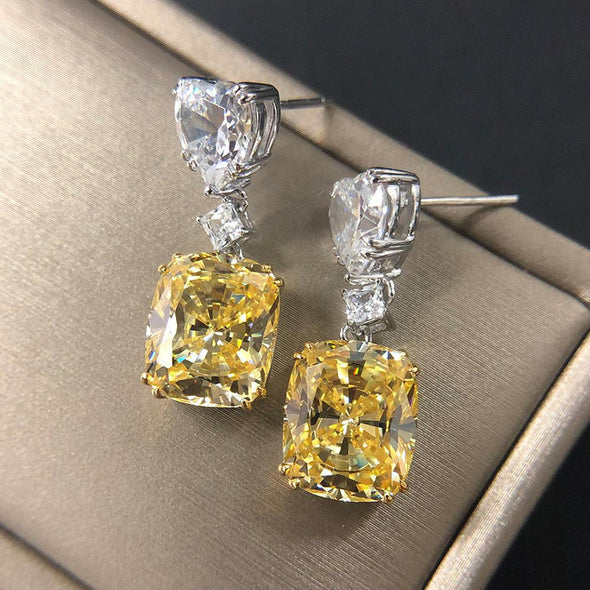 Fancy Yellow Cushion Cut Drop Earrings