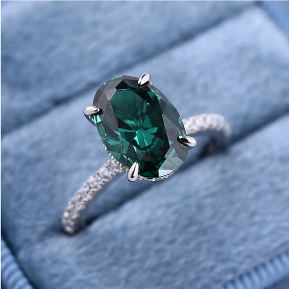 Classic Oval Cut Solitaire Emerald Green Engagement Ring In Sterling Silver