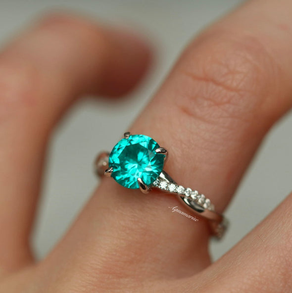 Twisted Band Round Cut Paraiba Tourmaline Ring in Sterling Silver