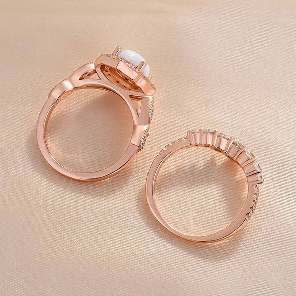 Elegant Rose Golden Tone Oval Cut Opal Bridal Set In Sterling Silver