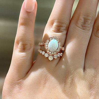 Elegant Rose Golden Tone Oval Cut Opal Bridal Set In Sterling Silver