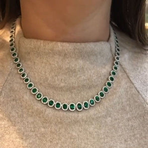 Vintage Emerald Green Halo Oval Cut Necklace