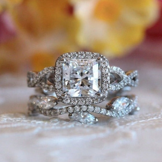 Halo Princess Cut Twist Bridal Ring Set in Sterling Silver